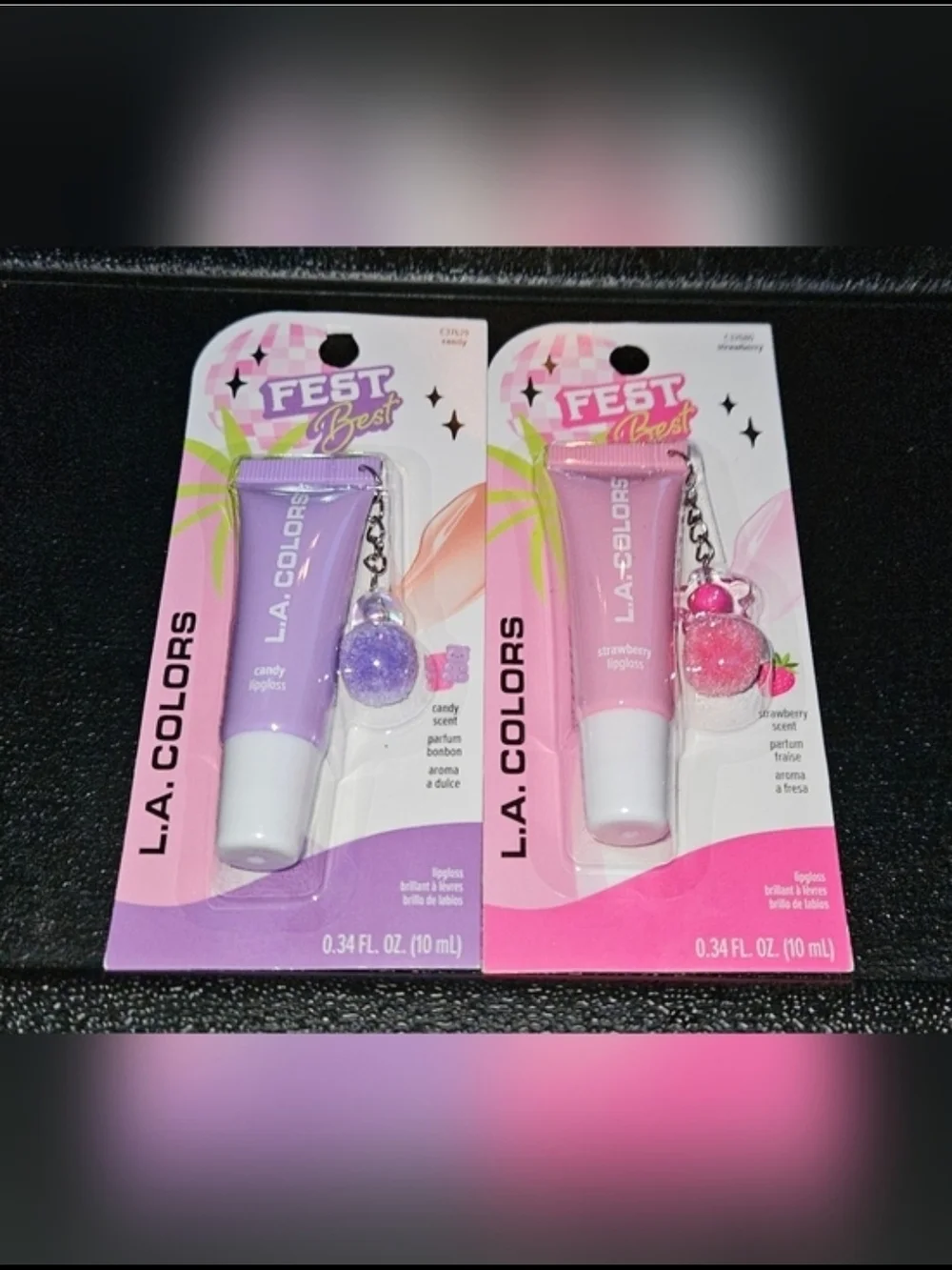 L.A. COLORS Fest Best Candy & Strawberry Lipgloss Duo With Charms 0.34fl Oz BNIB